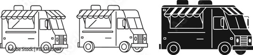Set of outline and silhouette food trucks with awnings illustrated in clean minimal vector style for street food branding designs