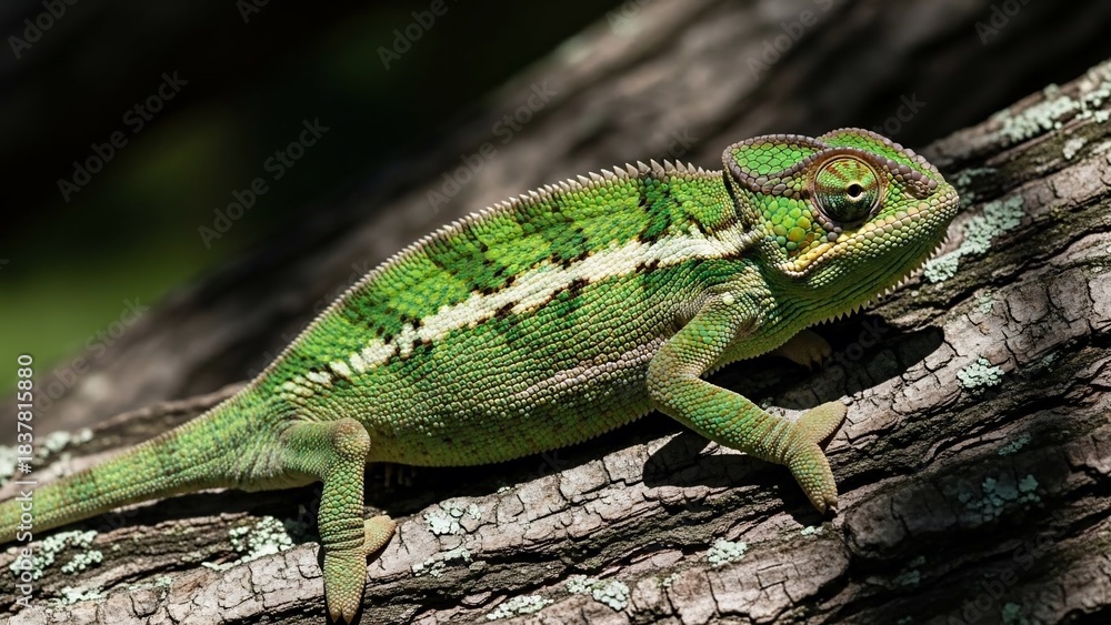 Obraz premium Vibrant Green Chameleon Blending Seamlessly with Tree Bark in Natural Habitat.
