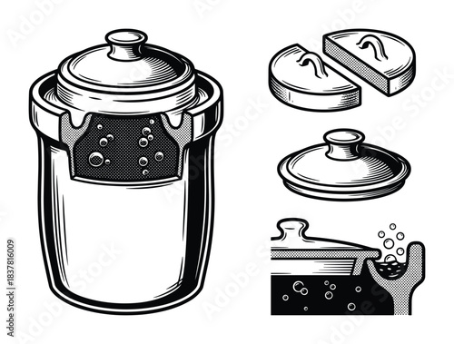 Fermentation crock pot. Ceramic weights. Bubbling brine. Food preservation process.