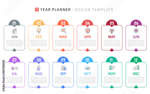 Timeline Creator infographic template. 12 months timeline journey, 1 year calendar infographics design template. presentation graph. Business concept with 12 options or steps, vector illustration.