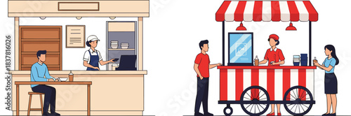 Street food kiosk and mobile cart with vendors serving customers in a modern urban scene illustrated in clean flat vector style