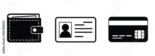 Financial essentials, personal finance, payment methods. Wallet, ID card, and credit card icons.