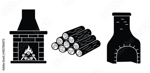 Fireplace set, firewood collection, home heating elements, wood logs, outdoor oven.