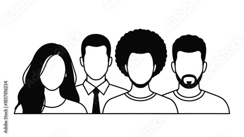 Diverse Group of Anonymous People Avatars. Teamwork and Diversity Vector Illustration in Black and White Outline Style