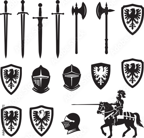 Medieval weapons and knight emblem silhouettes, 15 strong black shapes, swords, shields, helmets, axes, white background