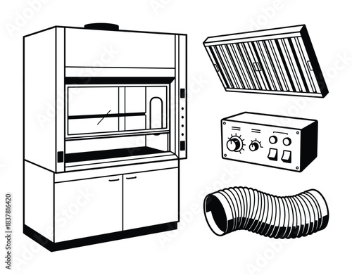 Fume hood ventilation system laboratory equipment and control panel set for chemical laboratories.