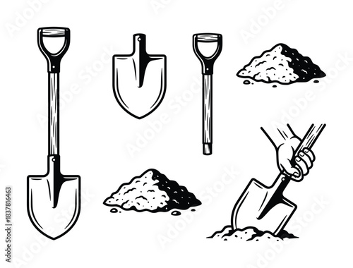 Garden shovels and piles of earth. Digging tools and gardening equipment. Hand holding spade.
