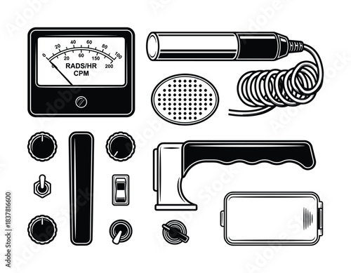 Geiger counter radiation detector. Meter, probe, handle. Various controls and accessories included.