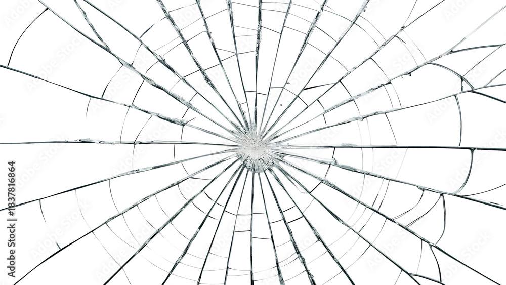 Obraz premium Close-up of shattered glass screen with spiderweb cracks isolated on transparent background