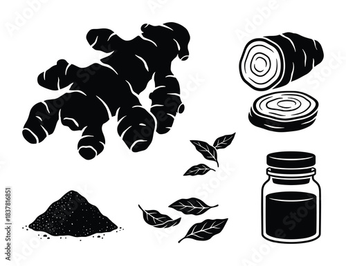 Ginger root with slices, powder, leaves, and essential oil in a bottle, medicinal herb ingredient