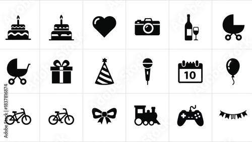Birthday, Party, Celebration, and Event Icons Set. Vector Illustration.