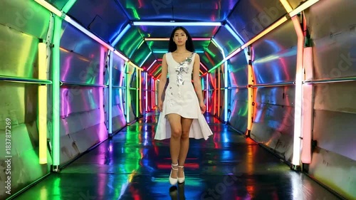 Young woman walks through a colorful neon light tunnel.