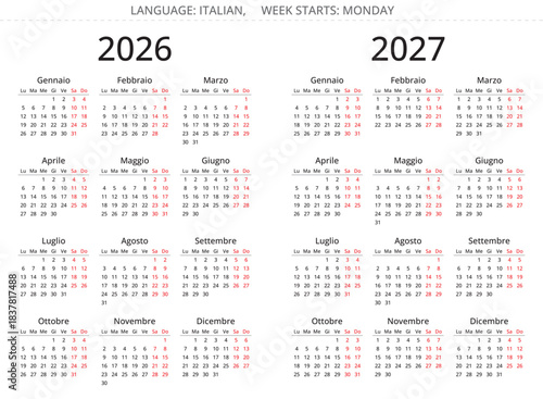 Sіmple 2026 and 2027 Italian calendar. Clear vector illustrations Italy isolated