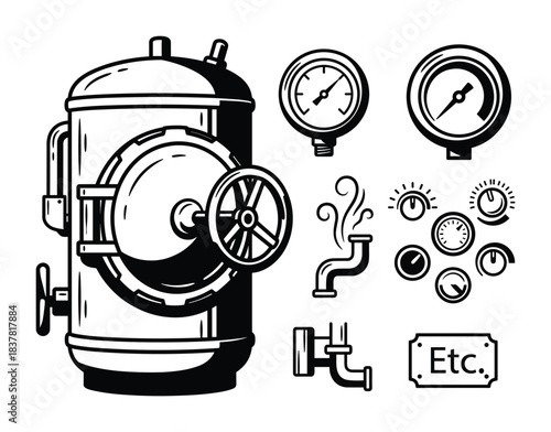Industrial equipment collection. Boiler and pressure gauges. Pipe fittings and control dials. Outline design isolated.