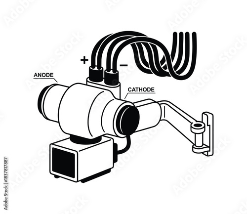 Industrial x-ray tube assembly. anode and cathode components. power cables connected. imaging device.