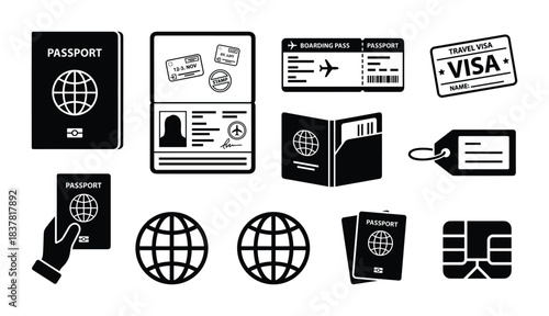 International travel documents passport identification cards boarding pass visa black glyph icons