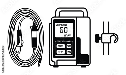 Intravenous pump and iv line icon set for medical drip rate and hospital equipment