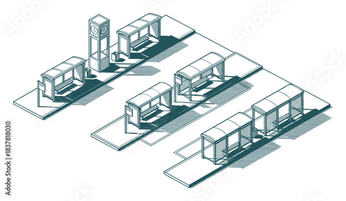 Isometric bus stops. Clock tower. Public transport. Urban infrastructure. City landscape. Line art.