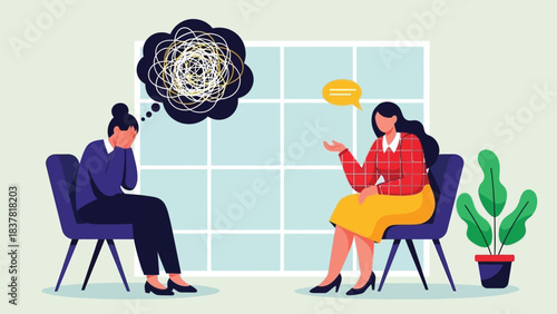 Woman in therapy session covering face, showing emotional distress and confusion with tangled thought bubble, while counselor offers support. Mental health consultation concept vector illustration.