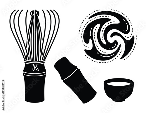 Japanese matcha kit, bamboo whisk and scoop, green tea in bowl, traditional ceremony utensils