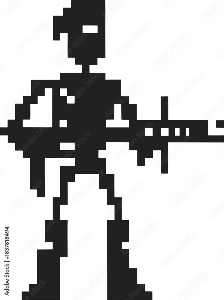 Obraz premium Pixelated retro soldier character holding rifle in minimalist black silhouette, 8 bit arcade combat fighter icon on white background
