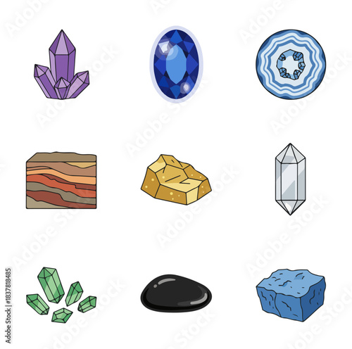 Collection of colorful gemstones and minerals in cartoon style