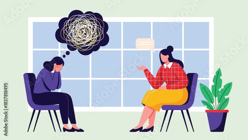 Woman Suffering from Anxiety and Confusion in Therapy Session with Psychologist or Counselor. Mental Health Counseling and Stress Relief Vector Illustration