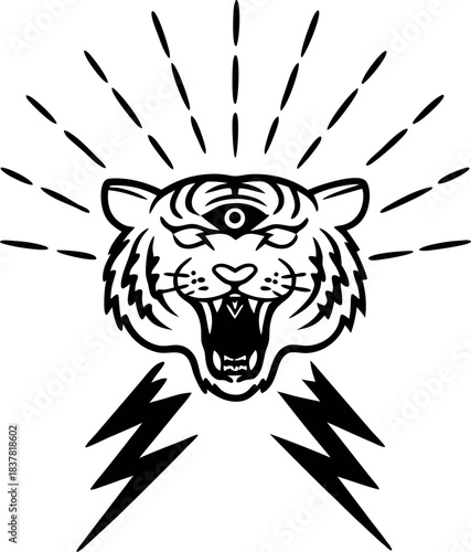 Mystic third eye tiger head roaring with lightning bolts and radiant energy lines, bold monochrome occult spiritual power symbol