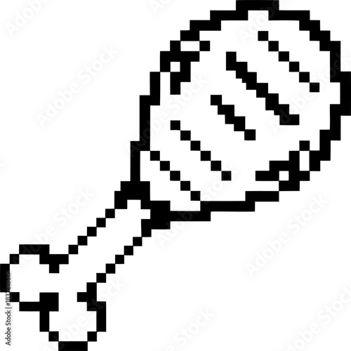 Grilled chicken drumstick icon in pixel art retro 8 bit meat symbol, simple black and white outline for gaming interfaces