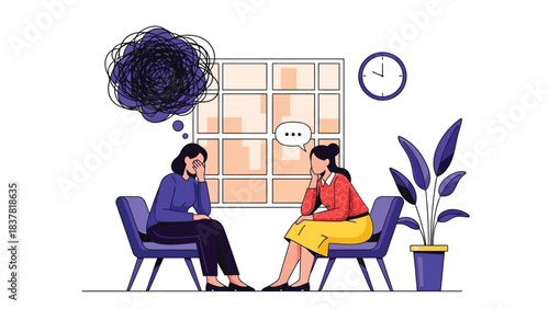 Vector Illustration of Psychological Counseling Session. Woman Client Talking to Therapist or Psychiatrist about Mental Health Issues, Anxiety, and and Depression