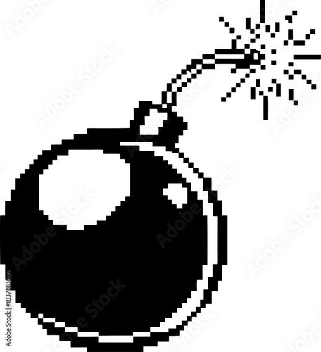 Pixel art round bomb with burning fuse icon, retro 8 bit explosive symbol, black and white minimalist game design element