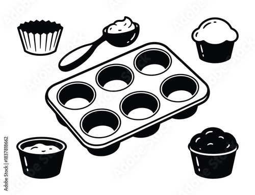 Kitchen baking utensils collection with muffin tin paper cup and batter scooper