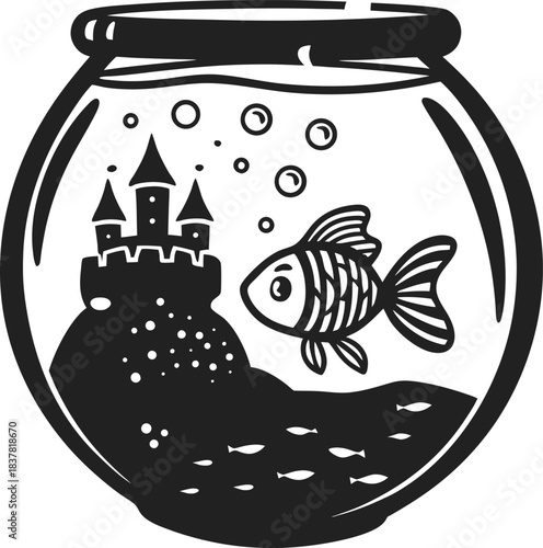 Fishbowl aquarium with castle ornament and swimming fish simple black silhouette illustration with bubbles and underwater scene
