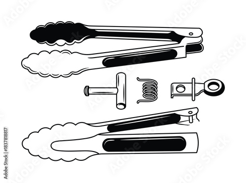 Kitchen tongs and internal components. Assembled, disassembled views, utensil parts.