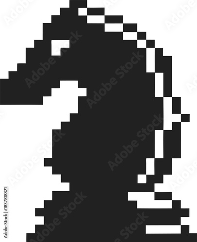 Pixelated black knight chess piece icon retro 8 bit horse figure silhouette, minimal digital symbol on transparent background