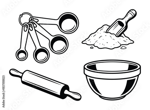 Kitchen baking utensils, measuring spoons, rolling pin, flour with scoop and mixing bowl.