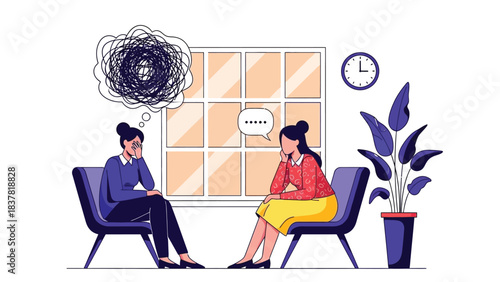 Mental Health Counseling Session Vector Illustration: Patient Discussing Anxiety and Stress with a Psychotherapist