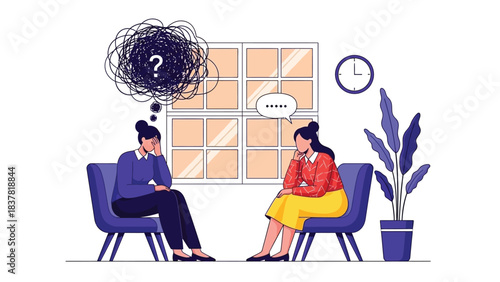 Vector Illustration of Mental Health Counseling Session. Therapist listening to distressed patient struggling with confusion and anxiety