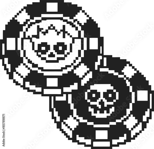 Pixel art casino chips with crown and skull symbols retro monochrome gambling tokens, 8 bit gaming and casino icon design