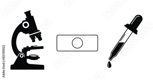 Laboratory tools with microscope, petri dish, and dropper for scientific research and experiments.