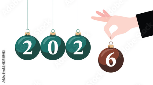  Festive illustration of hanging Christmas ornaments forming “2026,” with a hand placing the final digit—ideal for New Year greeting cards, seasonal posters, and celebratory visuals