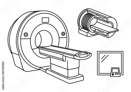 Magnetic resonance imaging scanner. patient table and internal coil. control monitor. detailed body scans.