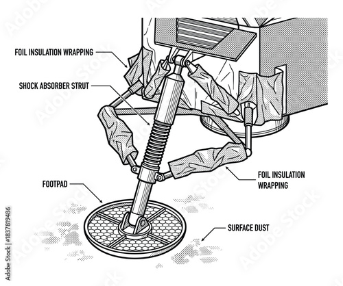 Lunar lander leg with shock absorber strut. Foil insulation wrapping and footpad. Dusty surface detail.