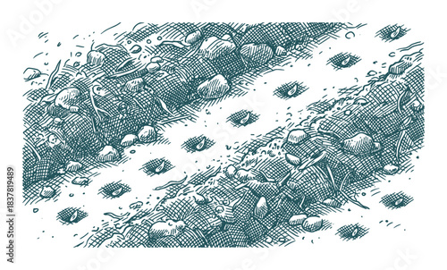 Macro view of fertile soil. Small rocks and dug holes. Planting or seedbed preparation.