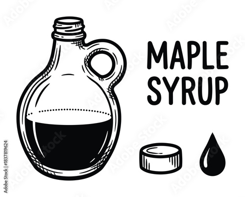 Maple syrup jug with a lid and a single drop illustration. Sweet food packaging outline.