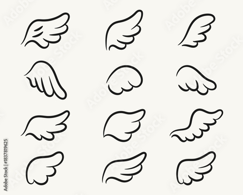 Hand‑drawn wing doodle vector set. Cartoon wings and angel feathers illustration. 