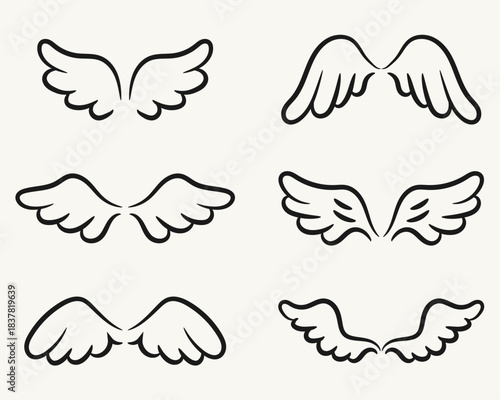 Hand‑drawn wing doodle vector set. Cartoon wings and angel feathers illustration. 