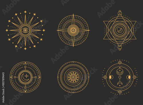 Set of moon and sun line art. Minimal boho linear symbols. Celestial mystic element. Vector line art illustration