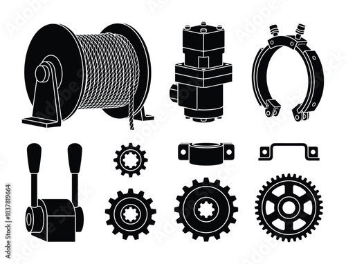 Marine equipment parts, winch, gears, control levers, hydraulic components, pipe clamps, industrial