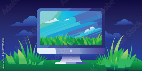 A stylized computer monitor displays a vibrant landscape scene with grass and cloudy sky view
